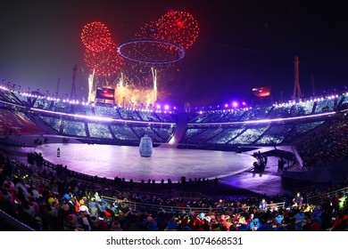 PYEONGCHANG, SOUTH KOREA - FEBRUARY 9, 2018: The 2018 Winter Olympics Opening Ceremony. Olympic Games 2018 Officially Opened With A Colorful Ceremony At The Olympics Stadium In PyeongChang