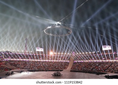 PYEONGCHANG, SOUTH KOREA - FEBRUARY 9, 2018: The 2018 Winter Olympics Opening Ceremony. Olympic Games 2018 Officially Opened With A Colorful Ceremony At The Olympics Stadium In PyeongChang