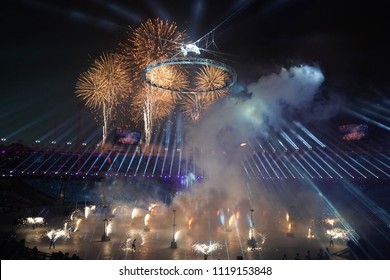 PYEONGCHANG, SOUTH KOREA - FEBRUARY 9, 2018: The 2018 Winter Olympics Opening Ceremony. Olympic Games 2018 Officially Opened With A Colorful Ceremony At The Olympics Stadium In PyeongChang