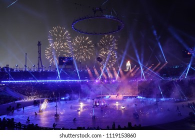 PYEONGCHANG, SOUTH KOREA - FEBRUARY 9, 2018: The 2018 Winter Olympics Opening Ceremony. Olympic Games 2018 Officially Opened With A Colorful Ceremony At The Olympics Stadium In PyeongChang