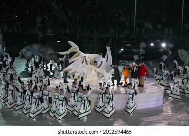 PYEONGCHANG, SOUTH KOREA - FEBRUARY 9, 2018: The 2018 Winter Olympics Opening Ceremony. Olympic Games 2018 Officially Opened With A Colorful Ceremony At The Olympics Stadium In PyeongChang 