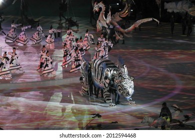 PYEONGCHANG, SOUTH KOREA - FEBRUARY 9, 2018: The 2018 Winter Olympics Opening Ceremony. Olympic Games 2018 Officially Opened With A Colorful Ceremony At The Olympics Stadium In PyeongChang 