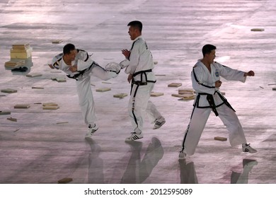 PYEONGCHANG, SOUTH KOREA - FEBRUARY 9, 2018: North-South Taekwondo Team Performs Before The Opening Ceremony During The Pyeongchang 2018 Olympic Winter Games At Pyeongchang Olympic Stadium