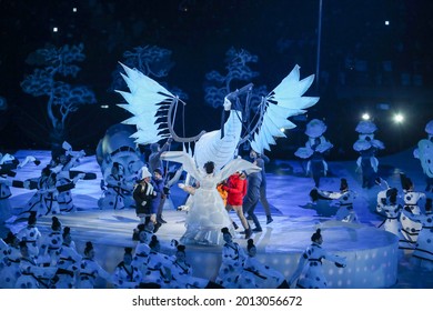 PYEONGCHANG, SOUTH KOREA - FEBRUARY 9, 2018: The 2018 Winter Olympics Opening Ceremony. Olympic Games 2018 Officially Opened With A Colorful Ceremony At The Olympics Stadium In PyeongChang 