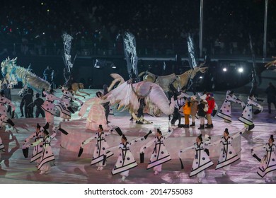 PYEONGCHANG, SOUTH KOREA - FEBRUARY 9, 2018: The 2018 Winter Olympics Opening Ceremony. Olympic Games 2018 Officially Opened With A Colorful Ceremony At The Olympics Stadium In PyeongChang 