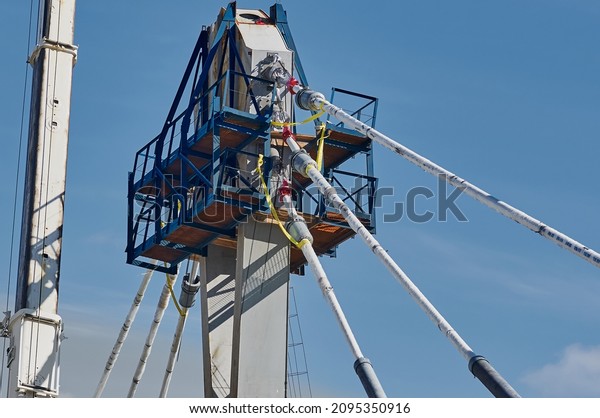 A pylon of a modern cable-stayed bridge with an
upper holder for cables and platforms. Construction of an
automobile cable-stayed bridge across the Zeya River.
Blagoveshchensk, Far East, Russia.
2021