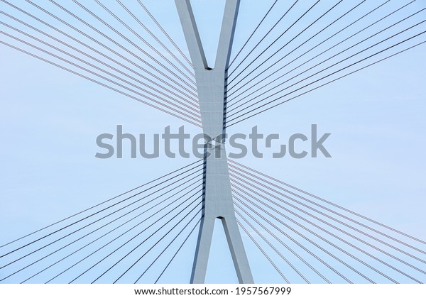 a pylon an steel cables of\
a bridge mirrored and so creating a modern design element with copy\
space