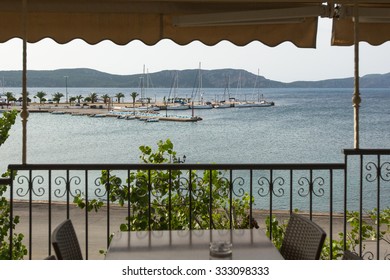 PYLOS, GREECE - OCT 6, 2014: View of the island. Pylos has a long history, In Classical times, the site was uninhabited, but became the site of the Battle of Pylos in 425 BC, during Peloponnesian War.