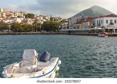 PYLOS, GREECE - OCT 6, 2014: View of the island. Pylos has a long history, In Classical times, the site was uninhabited, but became the site of the Battle of Pylos in 425 BC, during Peloponnesian War.
