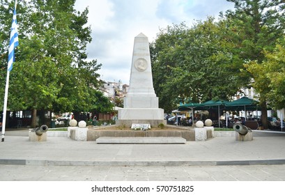 PYLOS PELOPONNESE GREECE, AUGUST 12 2015: Monument Of The Battle Of Navarino At The Three Admirals Square Pylos Peloponnese Greece. Editorial Use.