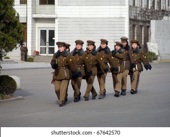 PYONGYANG - MARCH 23: North Korean War Woman Squad In Preparation For Military Parade On March 23, 2010 In Pyongyang, North Korea