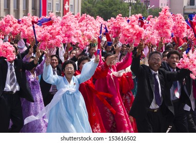 PYONGYANG, NORTH KOREA - JULY  27,  2012 : North Korean People At The Military Parade In Pyongyang