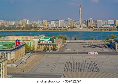 PYONGYANG, NORTH KOREA - May 2, 2013: North Korean Soldiers Practicing Military Parade At Kim-Il-sung Square In City And River Background, Pyongyang, North Korea.
