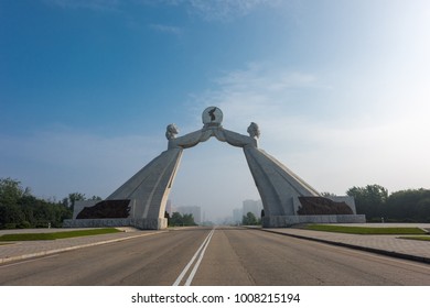 Pyongyang,North Korea-August 12,2016:The Unified Korea Gate,The Gate Is Two Women On Traditional Custom Representing The Reunification Of North And South Korea.