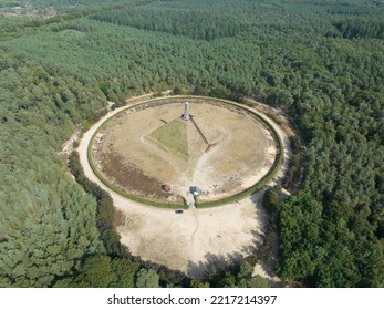 The Pyramid Of Austerlitz Monument Consisting Of A Grass Clad Pyramid Shaped Sand Mound Stone Obelisk. Utrecht Municipality Of Woudenberg. Aerail Drone Overview Panorma Platform.