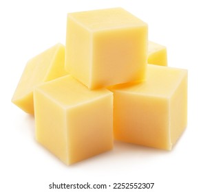 Pyramid of cheese cubes isolated on white background. Clipping path.