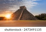 The pyramid of Kukulcan in the Mexican city of Chichen Itza at amazing sunset - Yucatan, Mexico