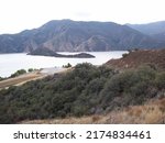 Pyramid Lake, California.  Water reservoir formed by Pyramid Dam on Piru Creek in the eastern San Emigdio Mountains, near Castaic, Southern California. the West Branch California Aqueduct.