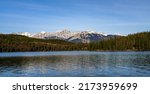 Pyramid Lake. Jasper National Park mountain range landscape, panoramic view. Canadian Rockies nature scenery background. Alberta, Canada. Mount Colin, Hawk Mountain.