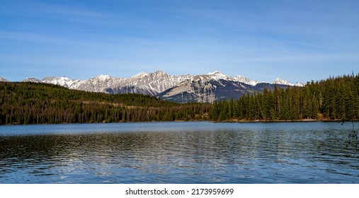 Pyramid Lake. Jasper National Park mountain range landscape, panoramic view. Canadian Rockies nature scenery background. Alberta, Canada. Mount Colin, Hawk Mountain. - Shutterstock ID 2173959699