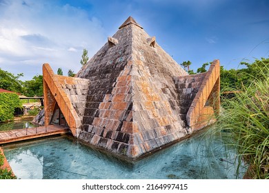 A pyramid mockup structure in the style and inspired by the Aztec and Mayan pyramids on the Yucatan Peninsula in Mexico