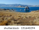 Pyramid Rock in Pyramid Lake near Reno, Nevada. The lakes is fed by the Truckee River flowing out of Lake Tahoe.