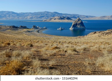 Pyramid Rock In Pyramid Lake Near Reno, Nevada. The Lakes Is Fed By The Truckee River Flowing Out Of Lake Tahoe.