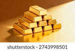 A pyramid stack of shiny gold bars on a reflective surface with warm lighting and shadows, showcasing the gold
