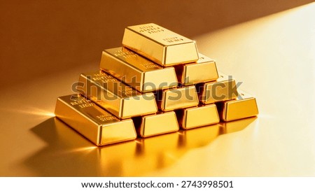 A pyramid stack of shiny gold bars on a reflective surface with warm lighting and shadows, showcasing the gold's luster and texture.