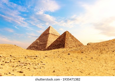 The Pyramids of Egypt, Khafre and Menkaure, view from sand-dunes, Giza