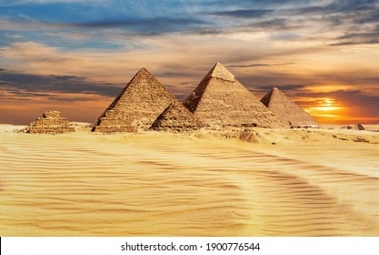 Pyramids of Egypt at sunset, famous Wonder of the World, Giza