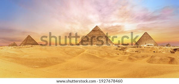 Pyramids of Egypt,\
sunset in Giza desert,\
Cairo