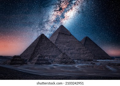 The Pyramids of Giza by night in Egypt