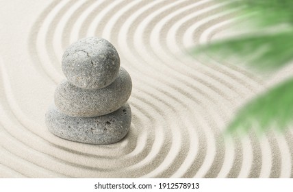 Pyramids of gray zen stones on the white sand with abstract wave drawings. Concept of harmony, balance and meditation, spa, massage, relax.