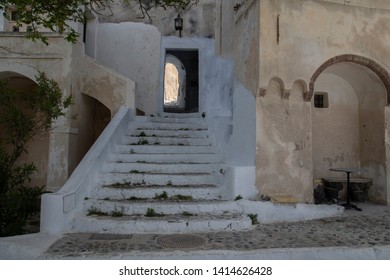 Pyrgos,Santorini/Greece - May 30th 2019: View Of The Entrance Of The Medieval Castle Of Pyrgos Village