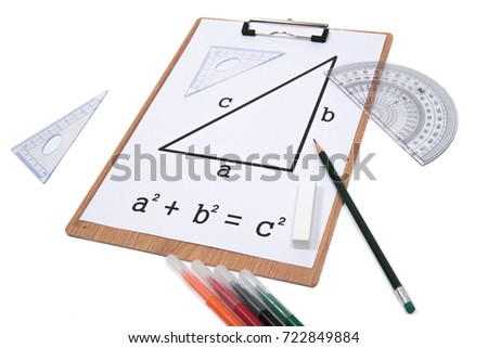 Pythagorean Theorem. Clipboard triangle protractor pencil isolated on the white background.
