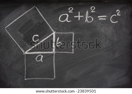 Pythagorean theorem sketched with white chalk on a blackboard