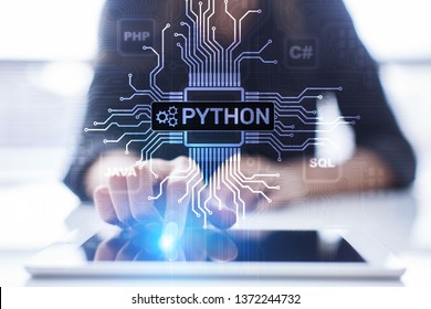Python high-level programing language. Application and web development concept on virtual screen.
