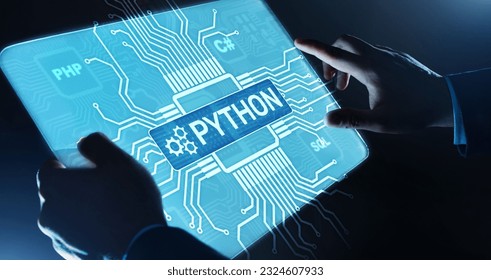 Python high-level programing language. Application and web development concept on virtual screen. - Powered by Shutterstock - Get 15% off with code: PIKWIZARD15