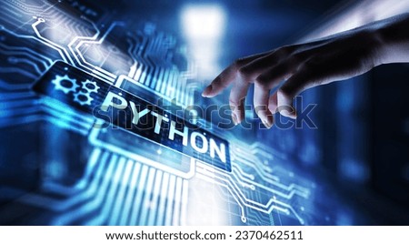 Python high-level programing language. Application and web development concept on virtual screen.