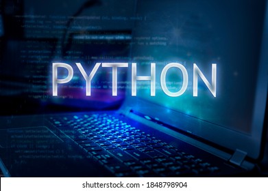 Python Inscription Against Laptop And Code Background. Learn Python Programming Language, Computer Courses, Training. 