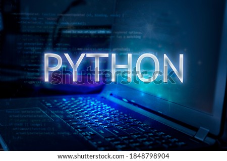 Python inscription against laptop and code background. Learn python programming language, computer courses, training. 