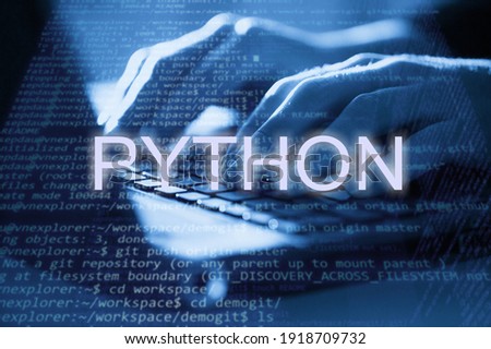 Python inscription text against laptop and code background. Learn python programming language