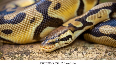 A python lies on the ground and on rocks in the wild. A close-up of a boa constrictor on a rock. Snake skin. Reptile.