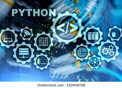 Python Programming Language on server room background. Programing workflow abstract algorithm concept on virtual screen