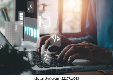 Python Programming Language,Man using laptop computer with python programming icon on virtual screen, Application and web development concept. - Powered by Shutterstock