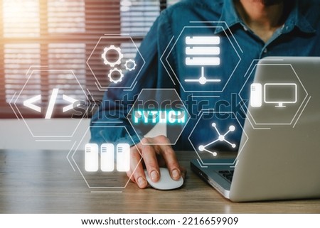 Python Programming Language,Man using laptop computer with python programming icon on virtual screen, Application and web development concept.