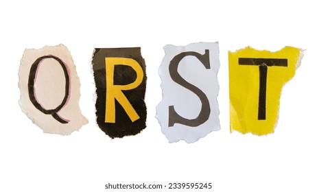 Q, R, S and T alphabets on torn colorful paper with clipping path. Ransom note style letters.