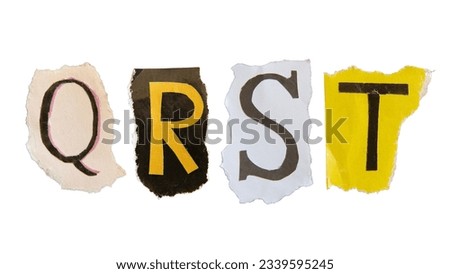 Q, R, S and T alphabets on torn colorful paper with clipping path. Ransom note style letters.
