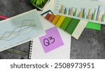 Q3 - 3rd Quarter Period write on sticky notes isolated on Office Desk. Stock market concept